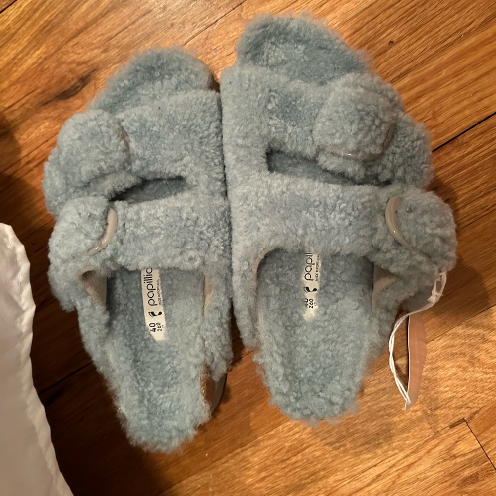 NWT Papillio Birkenstock Arizona Big Buckle Shearling Platform Sandal Blue - Picture 4 of 6